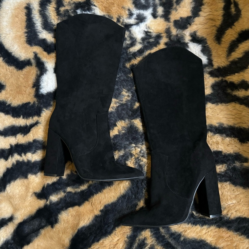 Black suede under knee boots with heel